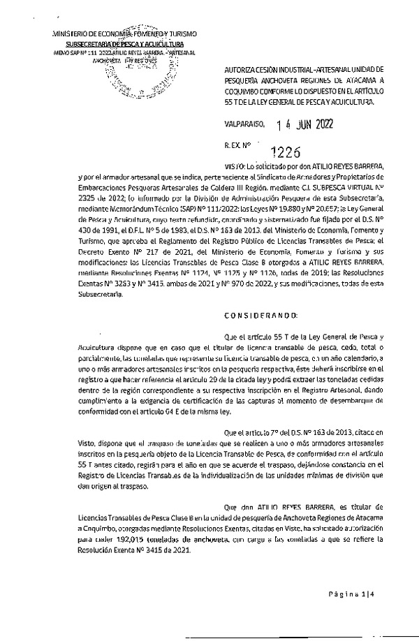 Res. Ex. N° 1226-2022, Autoriza Cesión unidad de pesquería Anchoveta, Regiones de Atacama a Coquimbo. (Publicado en Página Web 15-06-2022)