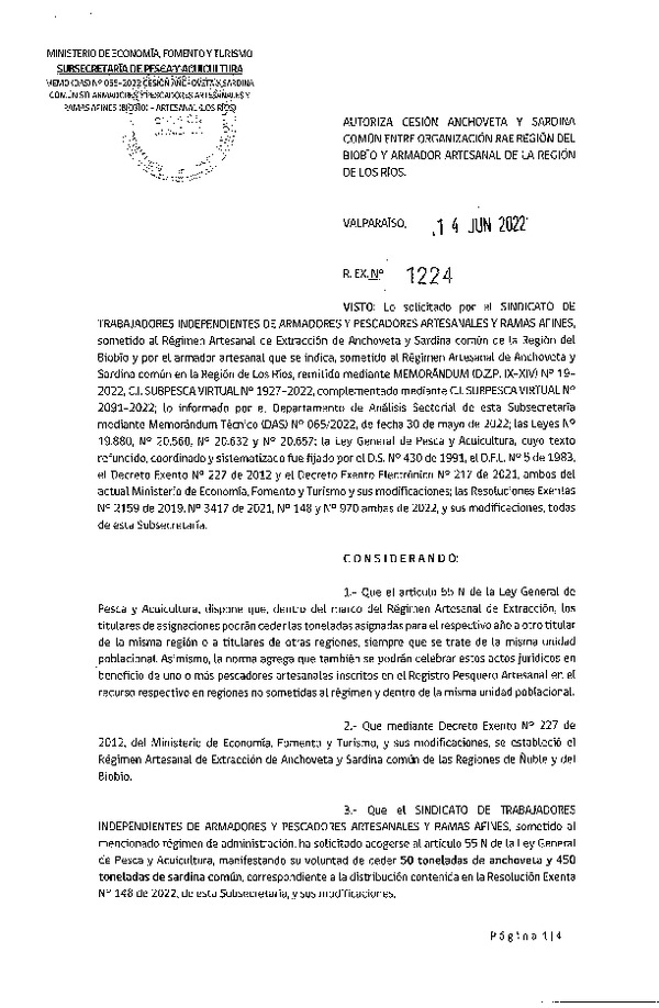 Res. Ex. N° 1224-2022 Autoriza Cesión de Anchoveta y Sardina común, Regiones del Biobío a Los Ríos. (Publicado en Página Web 15-06-2022)