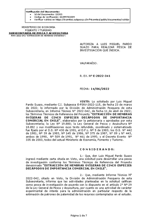 R. EX. Nº E-2022-341 EXTRACCIÓN DE HEMBRAS OVÍGERAS DE CINCO ESPECIES DECÁPODOS DE IMPORTANCIA COMERCIAL EN CHILE. (Publicado en Página Web 15-06-2022)