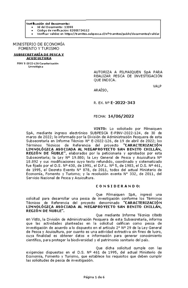 R. EX. Nº E-2022-343 CARACTERIZACIÓN LIMNOLÓGICA ASOCIADA AL MEGAPROYECTO SAN BENITO CHILLÁN, REGIÓN DE ÑUBLE. (Publicado en Página Web 15-06-2022)