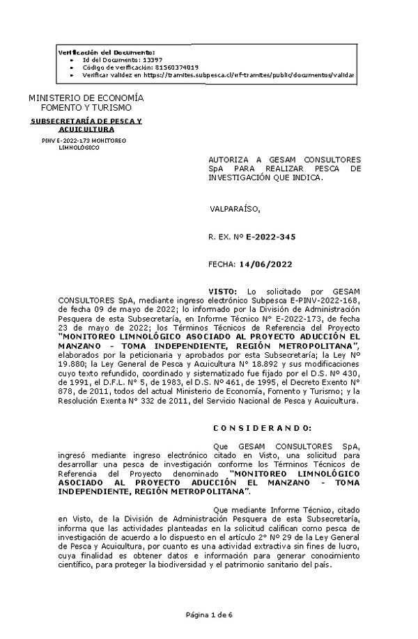 R. EX. Nº E-2022-345 MONITOREO LIMNOLÓGICO ASOCIADO AL PROYECTO ADUCCIÓN EL MANZANO - TOMA INDEPENDIENTE, REGIÓN METROPOLITANA. (Publicado en Página Web 15-06-2022)