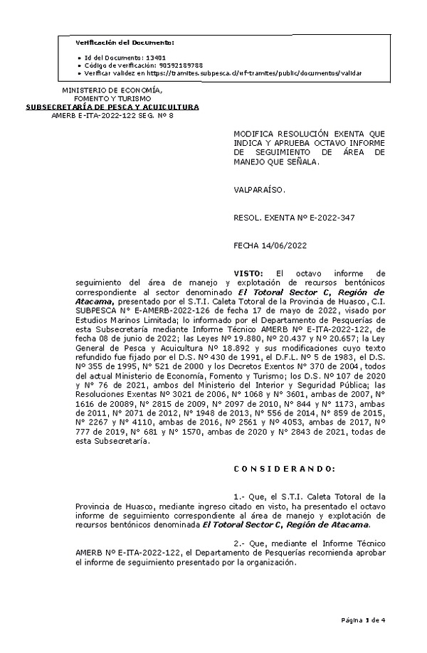 RESOL. EXENTA Nº E-2022-347 Modifica resolución que indica, Aprueba 8° Seguimiento. (Publicado en Página Web 15-06-2022)