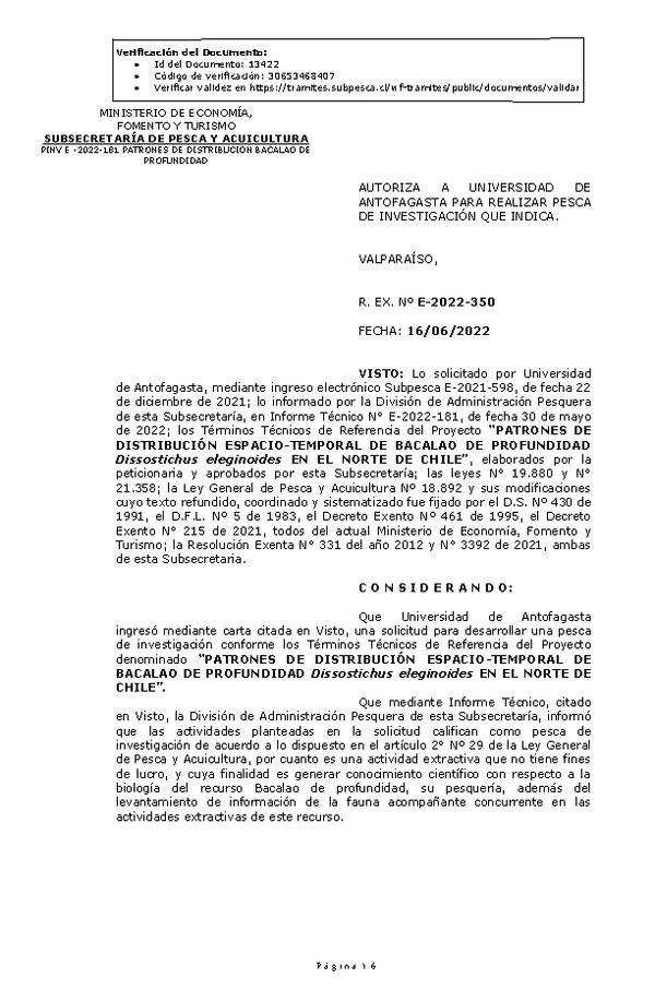 R. EX. Nº E-2022-350 PATRONES DE DISTRIBUCIÓN ESPACIO-TEMPORAL DE BACALAO DE PROFUNDIDAD Dissostichus eleginoides EN EL NORTE DE CHILE. (Publicado en Página Web 16-06-2022)