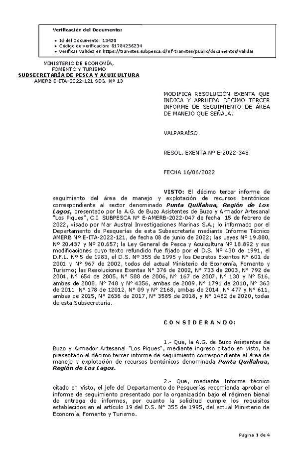 RESOL. EXENTA Nº E-2022-348 Modifica resolución que indica, Aprueba 13° seguimiento. (Publicado en Página Web 16-06-2022)