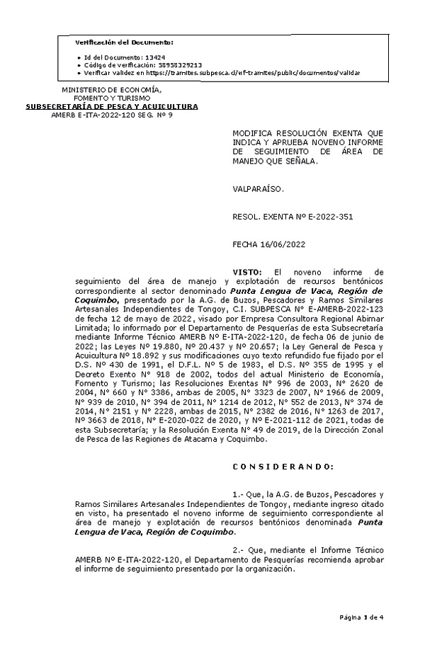 RESOL. EXENTA Nº E-2022-351  Modifica resolución que indica, Aprueba 9° seguimiento. (Publicado en Página Web 16-06-2022)