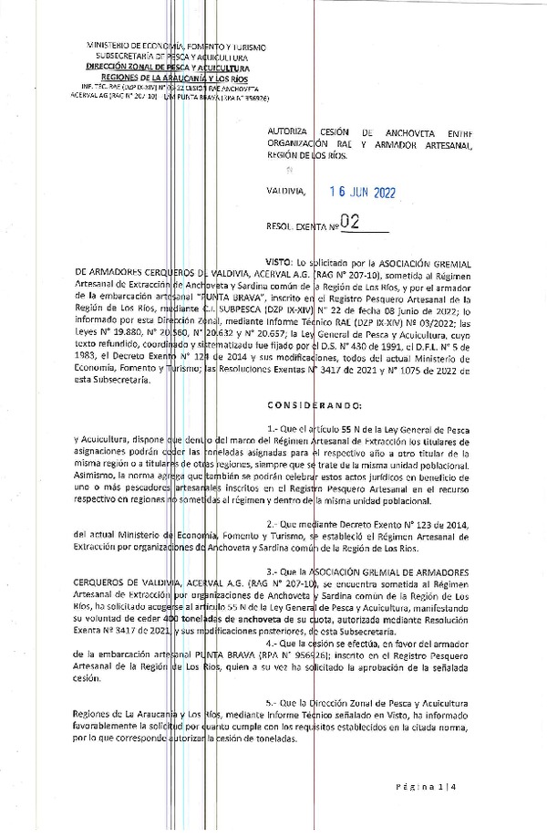 Res. Ex. N° 02-2022 (DZP de La Araucanía y Los Ríos), Autoriza Cesión anchoveta, Región de Los Ríos. (Publicado en Página Web 16-06-2022)