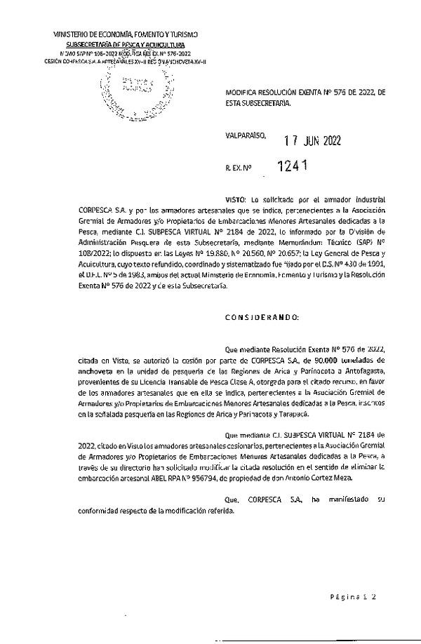 Res. Ex. N° 1241-2022 Modifica Res. Ex. N° 576-2022 Autoriza Cesión Anchoveta, Regiones de Arica y Parinacota a Región de Antofagasta. (Publicado en Página Web 17-06-2022)