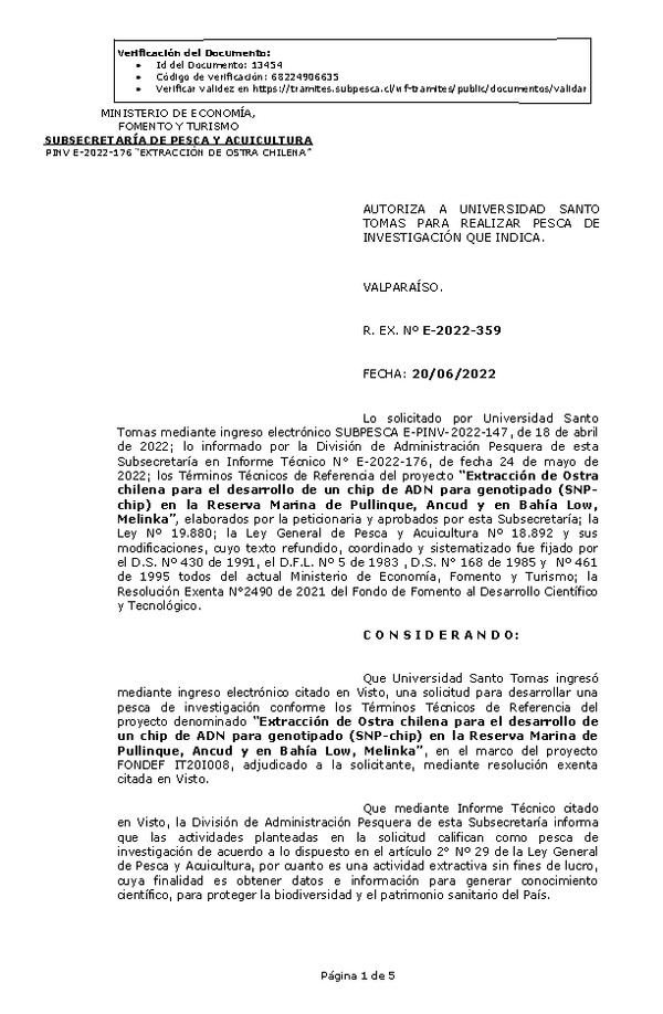 R. EX. Nº E-2022-359 Extracción de Ostra chilena para el desarrollo de un chip de ADN para genotipado (SNPchip) en la Reserva Marina de Pullinque, Ancud y en Bahía Low, Melinka. (Publicado en Página Web 20-06-2022)