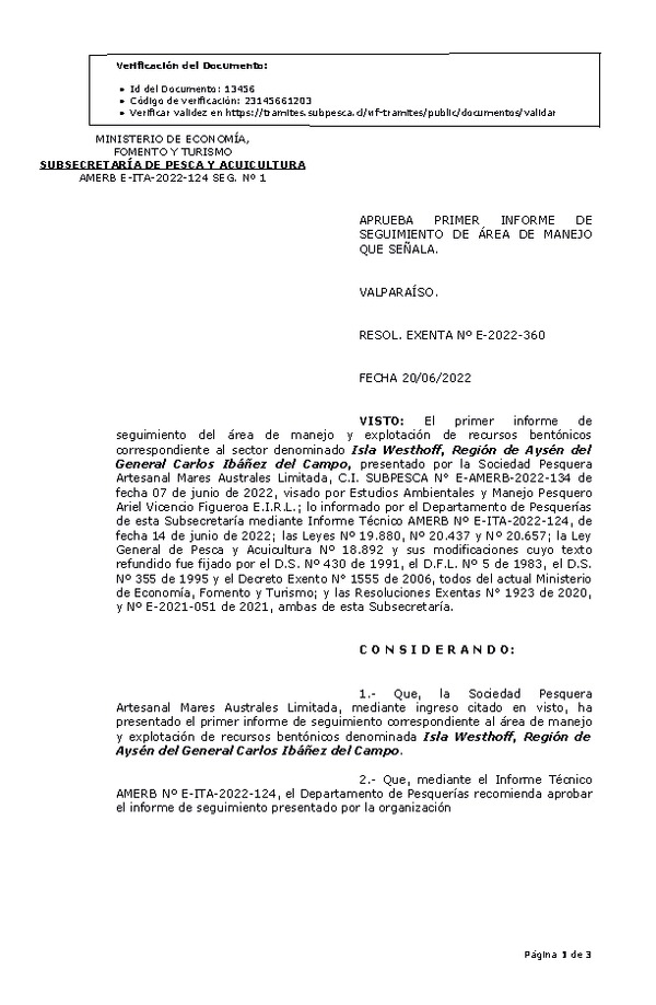 RESOL. EXENTA Nº E-2022-360 Aprueba 1° Seguimiento. (Publicado en Página Web 20-06-2022)