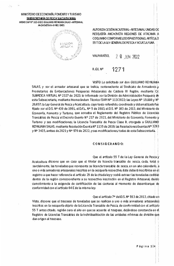 Res. Ex. N° 1271-2022, Autoriza Cesión unidad de pesquería Anchoveta, Regiones de Atacama a Coquimbo. (Publicado en Página Web 20-06-2022)