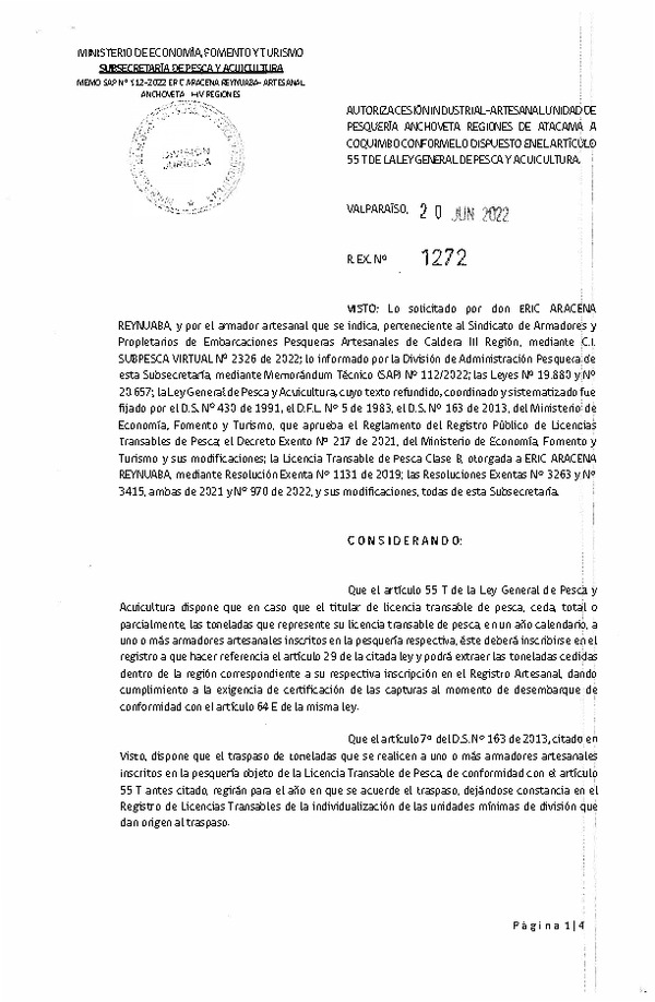 Res. Ex. N° 1272-2022, Autoriza Cesión unidad de pesquería Anchoveta, Regiones de Atacama a Coquimbo. (Publicado en Página Web 20-06-2022)