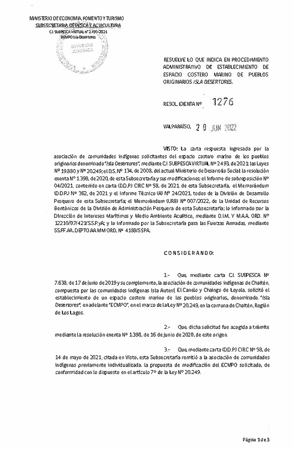 Res. Ex. N° 1276-2022 Resuelve lo que indica en procedimiento administrativo de establecimiento de ECMPO Isla Desertores. (Publicado en Página Web 20-06-2022)