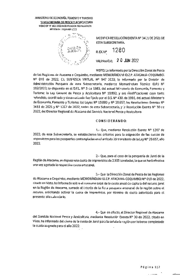 Res. Ex. N° 1280-2022 Modifica Res. Ex. N° 3411-2021 Establece Distribución de las Fracciones Artesanales de Jurel por Región, Año 2022. (Publicado en Página Web 22-06-2022)