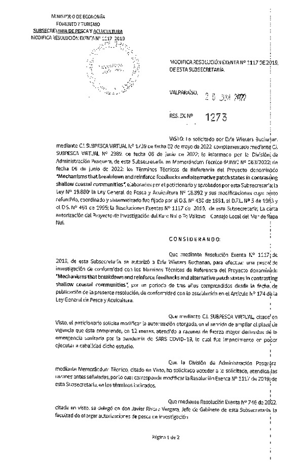 Res. Ex. N° 1273-2022 Modifica Res. Ex. N° 1117-2019 Muestreo de corales y algas. (Publicado en Página Web 22-06-2022)