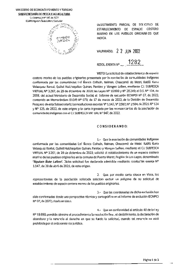 Res. Ex. N° 1282-2022 Desistimiento Parcial de Solicitud de Establecimiento de ECMPO Ngulam Ñuke Lafken. (Publicado en Página Web 23-06-2022)