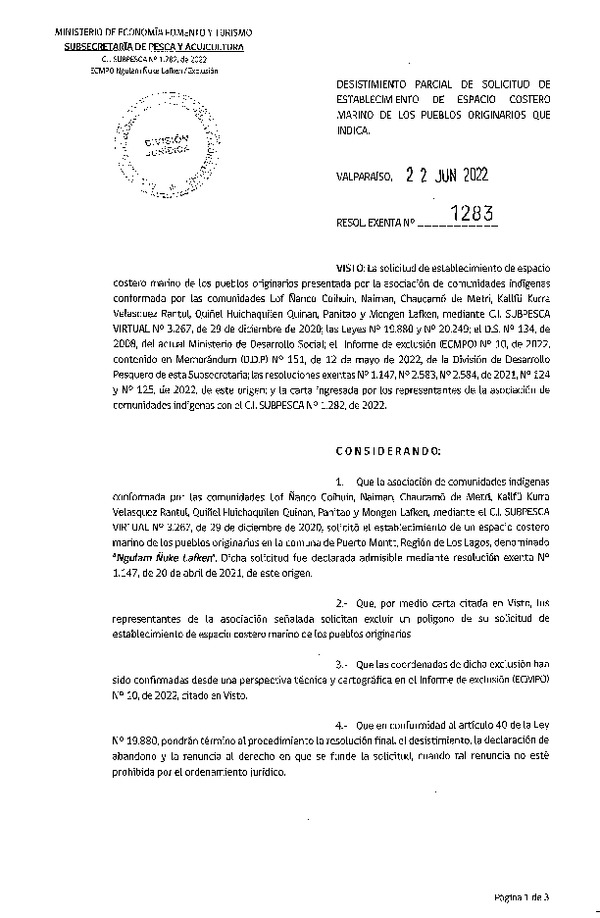 Res. Ex. N° 1283-2022 Desistimiento Parcial de Solicitud de Establecimiento de ECMPO Ngulam Ñuke Lafken. (Publicado en Página Web 23-06-2022)