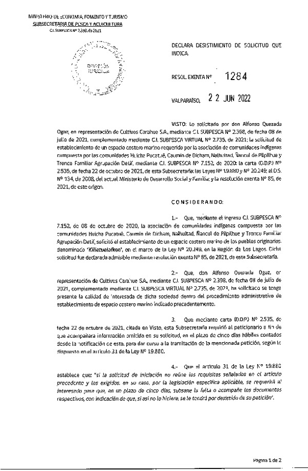 Res. Ex. N° 1284-2022 Declara desistimiento de solicitud que indica. (Publicado en Página Web 23-06-2022)