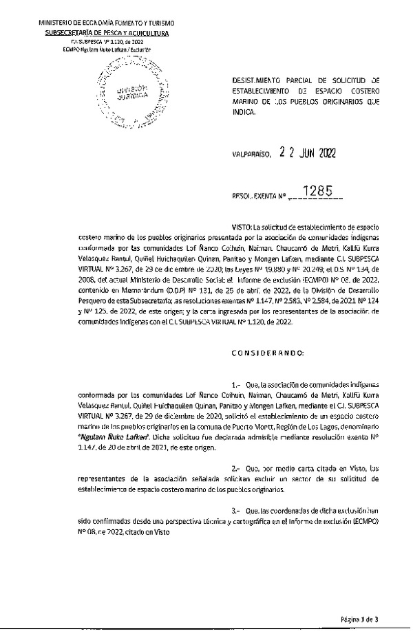 Res. Ex. N° 1285-2022 Desistimiento Parcial de Solicitud de Establecimiento de ECMPO Ngulam Ñuke Lafken. (Publicado en Página Web 23-06-2022)
