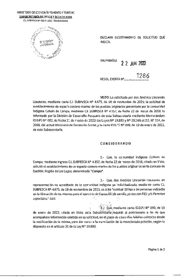  Res. Ex. N° 1286-2022 Declara desistimiento de solicitud que indica. (Publicado en Página Web 23-06-2022)