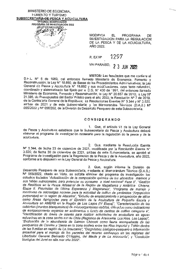 Res. Ex. N° 1297-2022 Modifica Res. Ex. N° 3344-2021 Aprueba Programa de Investigación para la Regulación de la Pesca y de la Acuicultura, Año 2022. (Publicado en Página Web 24-06-2022)