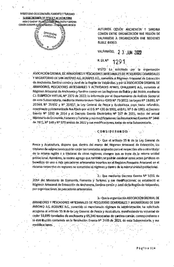 Res. Ex. N° 1291-2022 Autoriza Cesión de Anchoveta y Sardina común, Regiones de Valparaíso al Biobío. (Publicado en Página Web 24-06-2022)