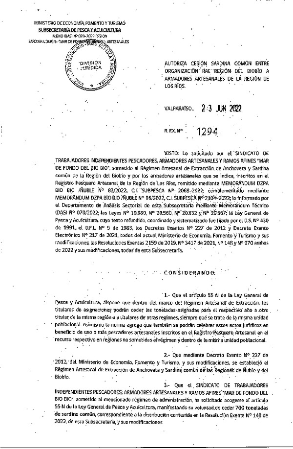 Res. Ex. N° 1294-2022 Autoriza Cesión de Sardina común, Regiones del Biobío a Los Ríos. (Publicado en Página Web 24-06-2022)