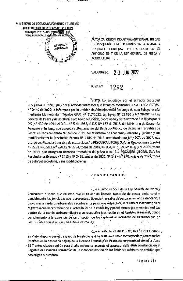Res Ex N° 1292-2022, Autoriza Cesión de Jurel Regiones de Atacama a Coquimbo. (Publicado en Página Web 24-06-2022).