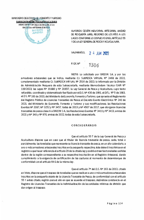 Res Ex N° 1306-2022, Autoriza Cesión de Jurel Regiones de Los Ríos a Los Lagos. (Publicado en Página Web 24-06-2022).