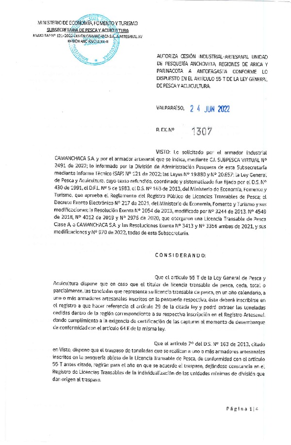 Res. Ex. N° 1307-2022 Autoriza Cesión Anchoveta, Regiones de Arica y Parinacota a Región de Antofagasta. (Publicado en Página Web 24-06-2022)