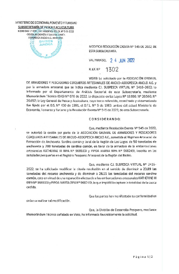 Res. Ex. N° 1302-2022 Modifica Res Ex N° 545-2022, Autoriza Cesión de Anchoveta y Sardina Común, Región de Los Lagos a Región del Biobío. (Publicado en Página Web 24-06-2022)