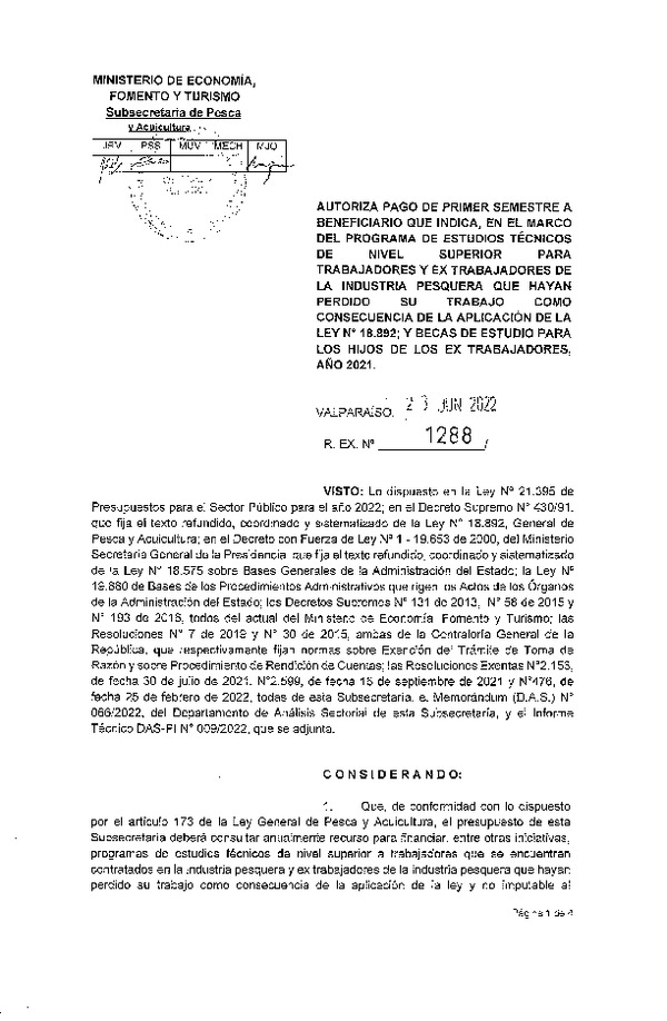 Res. Ex. N° 1288-2022 Autoriza pago de primer semestre a beneficiario que indica, en el marco del programa que señala. (Publicado en Página Web 24-06-2022)