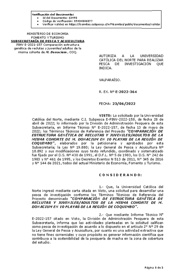 R. EX. Nº E-2022-364 COMPARACIÓN DE ESTRUCTURA GENÉTICA DE RECLUTAS Y JUVENILES/ADULTOS DE LA MISMA COHORTE DE M. DONACIUM EN 10 PLAYAS DE LA REGIÓN DE COQUIMBO. (Publicado en Página Web 28-06-2022)