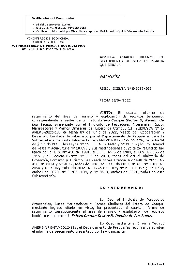 RESOL. EXENTA Nº E-2022-362 Aprueba 4° Seguimiento. (Publicado en Página Web 28-06-2022)