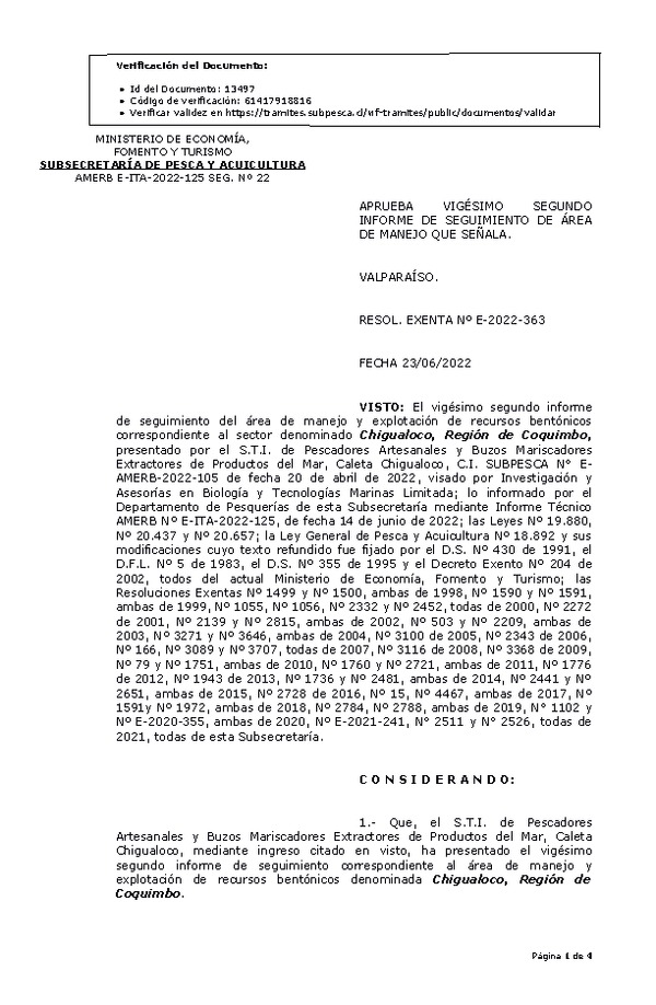 RESOL. EXENTA Nº E-2022-363 Aprueba 22° Seguimiento. (Publicado en Página Web 28-06-2022)