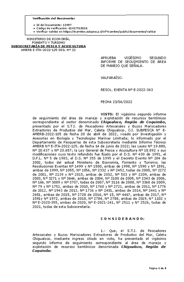 RESOL. EXENTA Nº E-2022-363 Aprueba 22° Seguimiento. (Publicado en Página Web 28-06-2022)