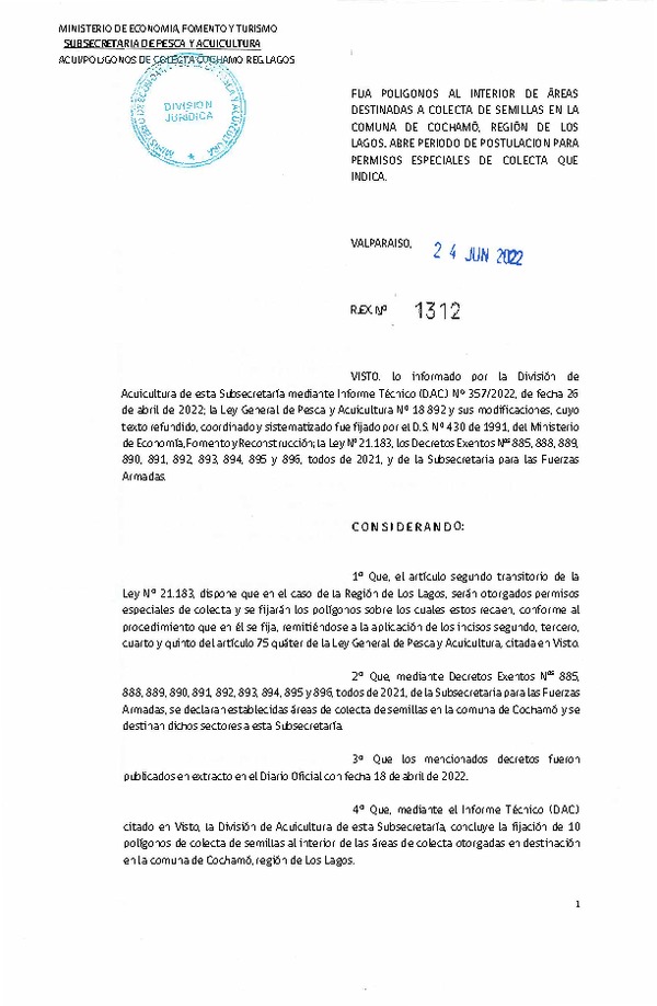 Res. Ex. N° 1312-2022 Fija Poligonos al Interior de Áreas Destinadas a Colecta de Semillas en la Comuna de Cochamó, Región de Los Lagos. Abre Período de Postulación para Permisos Especiales de Colecta que Indica. (Publicado en Página Web 28-06-2022)