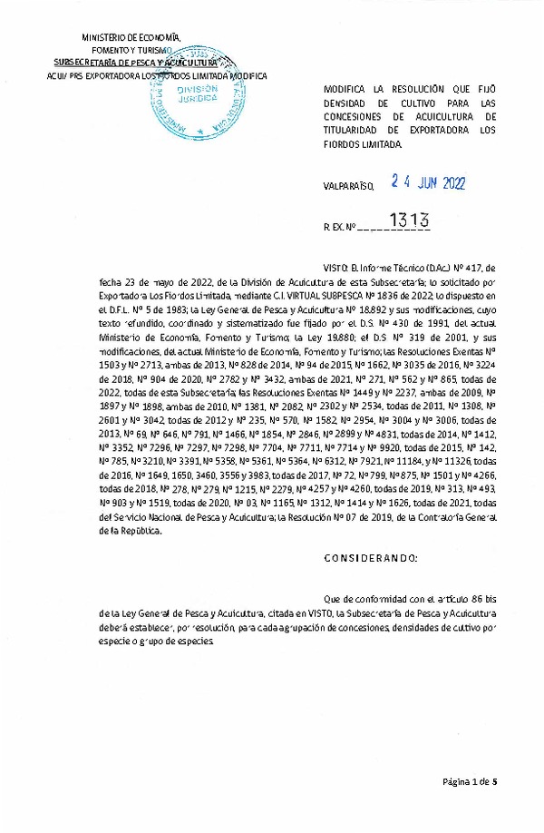 Res. Ex. N° 1313-2022 Modifica Res. Ex. N° 3432-2021 Fija densidad de cultivo para las concesiones de titularidad de Exportadora Los Fiordos Limitada (Con Informe Técnico). (Publicado en Página web 28-06-2022)