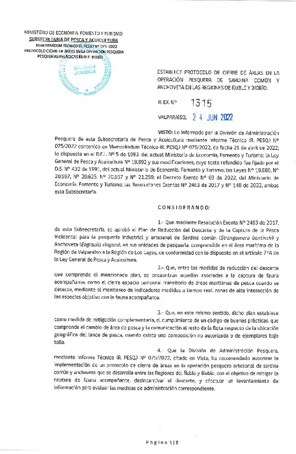 Res. Ex. N° 1315-2022 Establece Protocolo de Cierre de Áreas en la Operación Pesquera de Sardina Común y Anchoveta en las Regiones de Ñuble y Biobío. (Publicado en Página Web 28-06-2022)