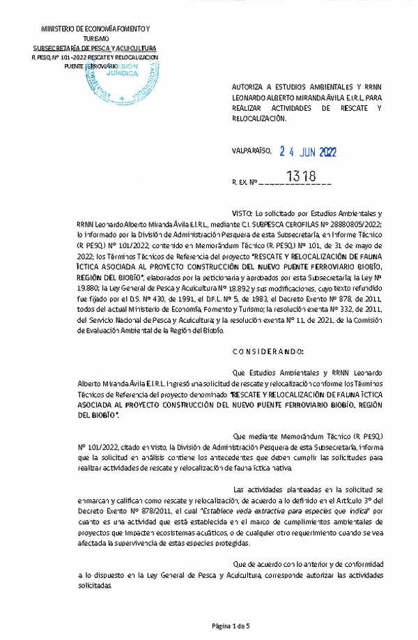 Res. Ex. N° 1318-2022 Rescate y Relocalización de Fauna íctica, Región del Biobío. (Publicado en Página Web 28-06-2022)