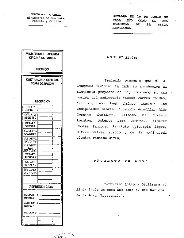 Ley N° 21.468 Declara el 29 de Junio de Cada Año Como el Día Nacional de la Pesca Artesanal. (Publicado en Página Web 29-06-2022) (F.D.O. 29-06-2022)