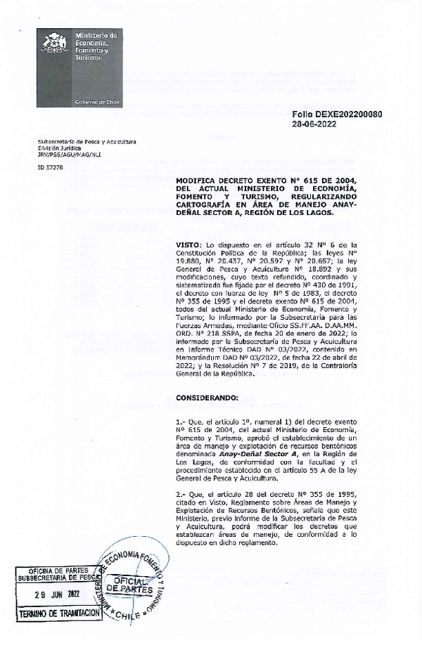 Dec. Ex. Folio N° 202200080 Modifica Dec. Ex. N° 615-2004, Regularizando Cartografía en el Área de Manejo Anay-Deñal Sector A, Región de Los Lagos. (Publicado en Página Web 29-06-2022)