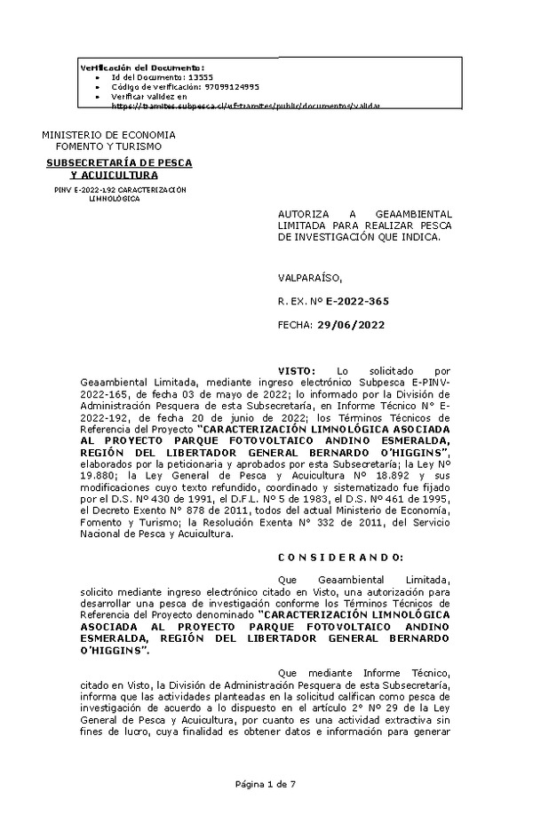 R. EX. Nº E-2022-365 CARACTERIZACIÓN LIMNOLÓGICA ASOCIADA AL PROYECTO PARQUE FOTOVOLTAICO ANDINO ESMERALDA, REGIÓN DEL LIBERTADOR GENERAL BERNARDO O’HIGGINS. (Publicado en Página Web 30-06-2022)