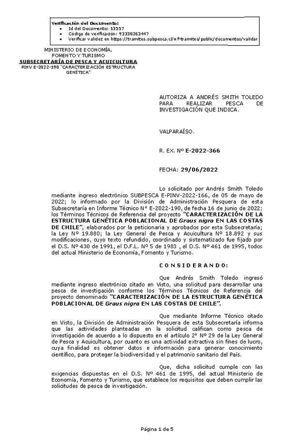 R. EX. Nº E-2022-366 CARACTERIZACIÓN DE LA ESTRUCTURA GENÉTICA POBLACIONAL DE Graus nigra EN LAS COSTAS DE CHILE. (Publicado en Página Web 30-06-2022)