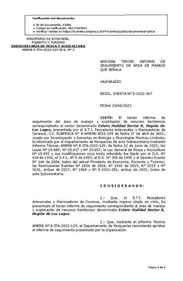 RESOL. EXENTA Nº E-2022-367 Aprueba 3° Seguimiento que señala. (Publicado en Página Web 30-06-2022)