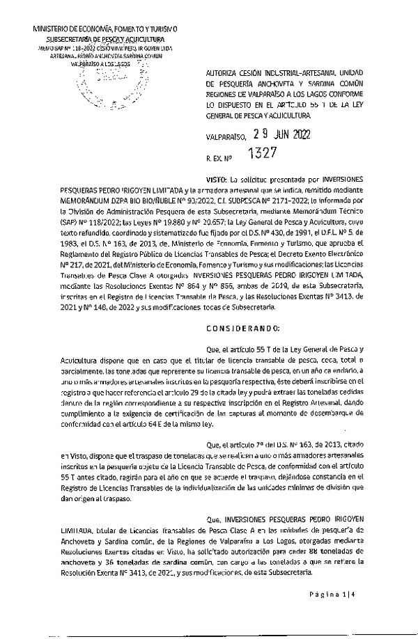 Res. Ex. N° 1327-2022, Autoriza Cesión unidad de pesquería Anchoveta y Sardina común, Regiones Valparaíso a Los Lagos. (Publicado en Página Web 30-06-2022)