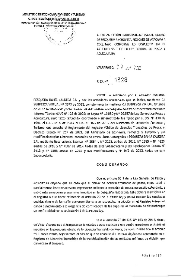 Res Ex N° 1328-2022, Autoriza Cesión de Anchoveta Regiones de Atacama a Coquimbo. (Publicado en Página Web 30-06-2022).