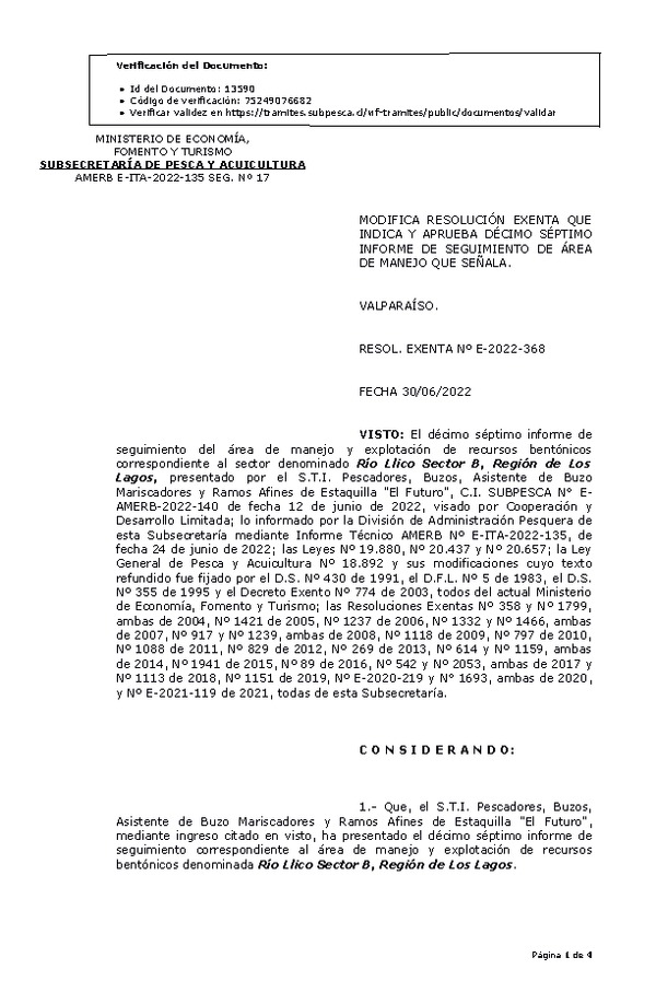 RESOL. EXENTA Nº E-2022-368 Modifica resolución que indica, Aprueba 17° Seguimiento. (Publicado en Página Web 01-07-2022)