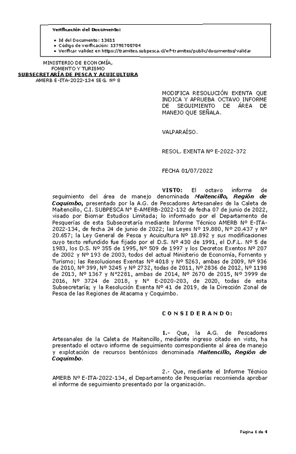 R. EX. Nº E-2022-372 Modifica Resolución que Indica. Aprueba 8° Seguimiento. (Publicado en Página Web 01-07-2022)