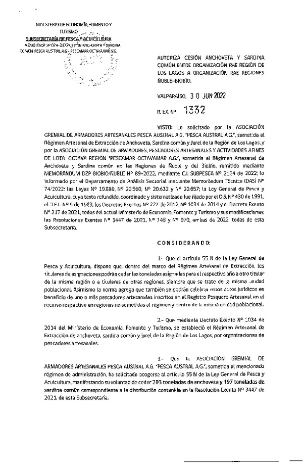 Res. Ex. N° 1332-2022 Autoriza Cesión de Anchoveta y Sardina Común, Región de Los Lagos a Regiones Ñuble-Biobío. (Publicado en Página Web 04-07-2022)