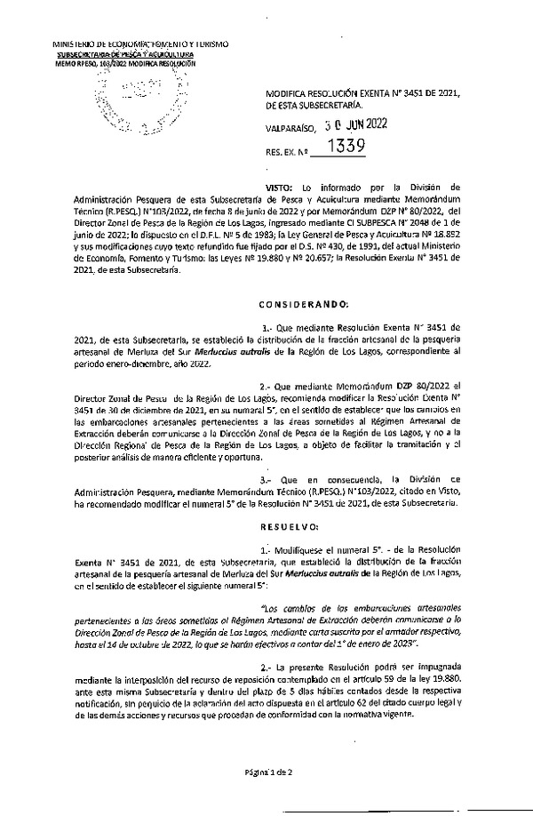 Res. Ex. N° 1339-2022 Modifica Res. Ex. 3451-2021 Establece Distribución de la Fracción Artesanal de Pesquería de Merluza del Sur por Área en la Región de Los Lagos, Año 2022. (Publicado en Página Web 04-07-2022)